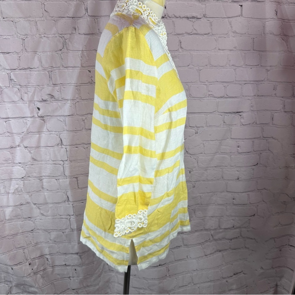 luxury linen charter club yellow stripe tunic sz small white crochet lace collar - Picture 2 of 7